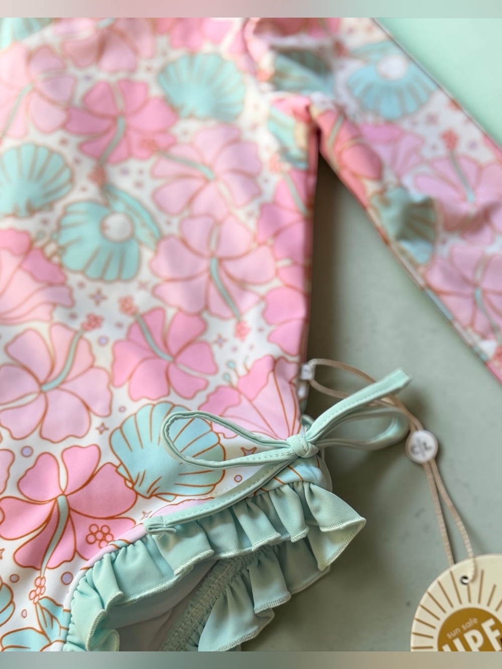 Caden Lane Pink & Mint Seashell Ruffle Rashguard One-Piece - Picture 3 of 7